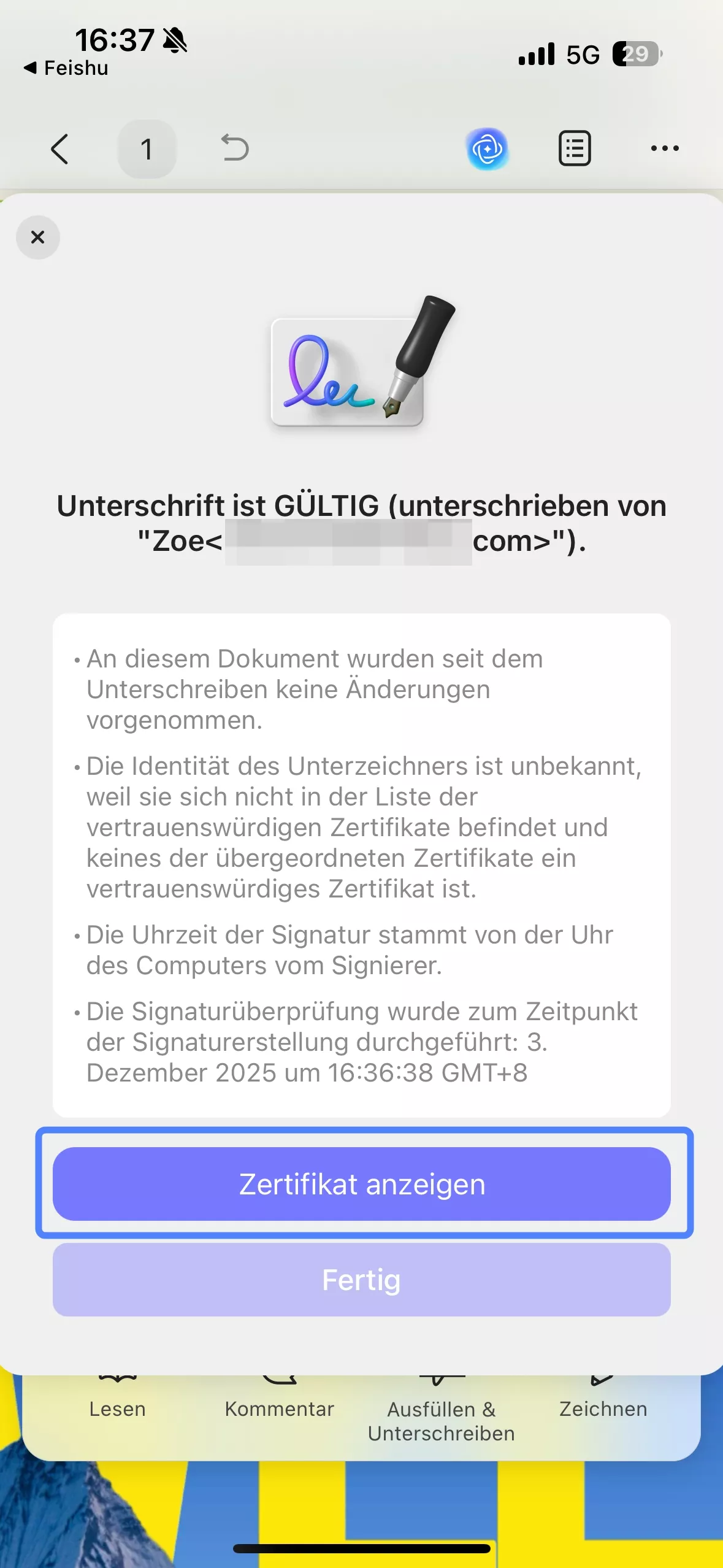 Unterschriftseigenschaften