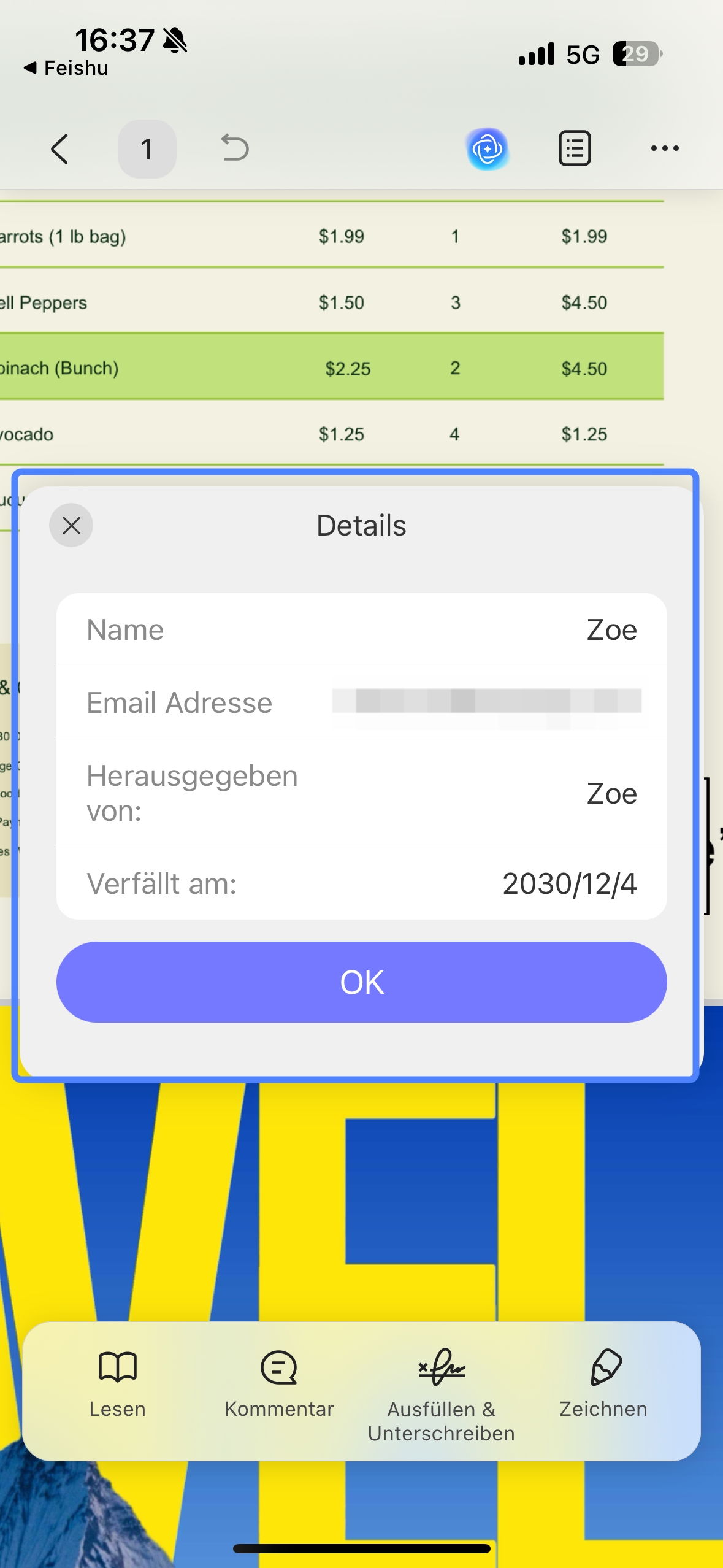 Unterschriftseigenschaften