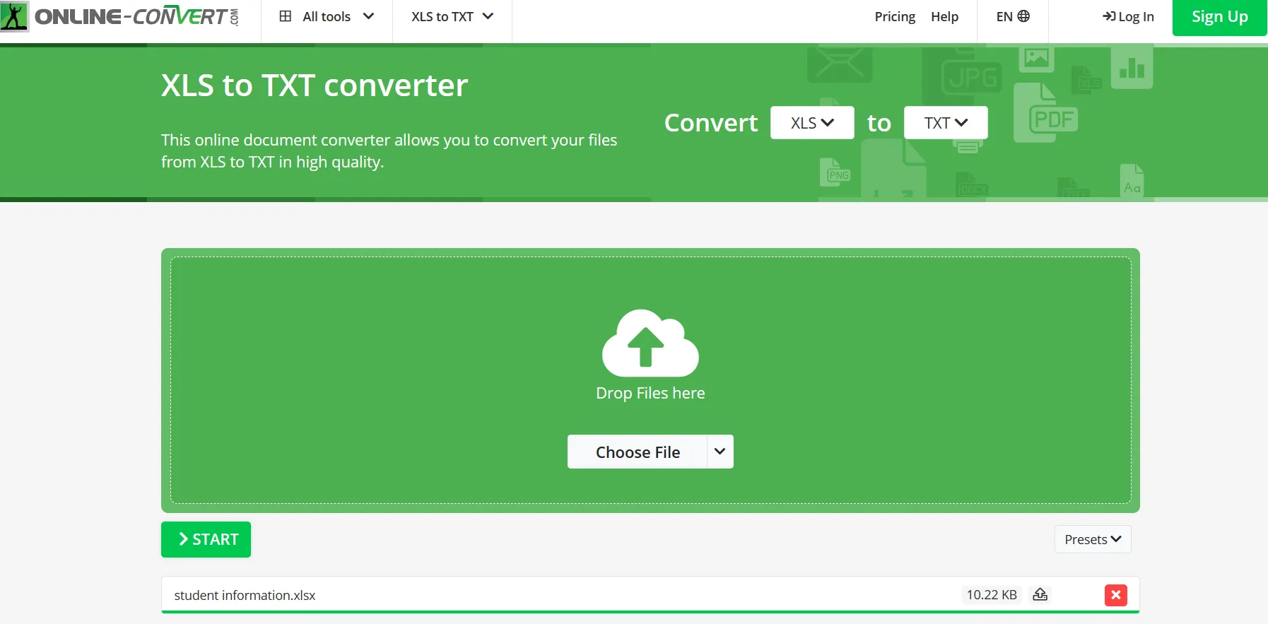 Empezar a convertir Excel a TXT mediante Online-Convert