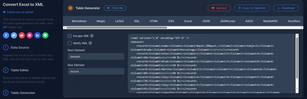 sección del generador de tablas en tableconvert