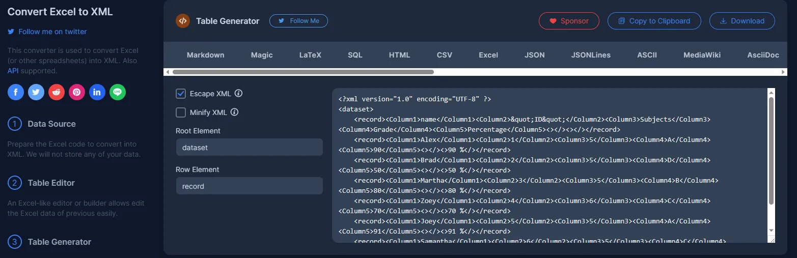 creare file XML da Excel tramite TableConvert