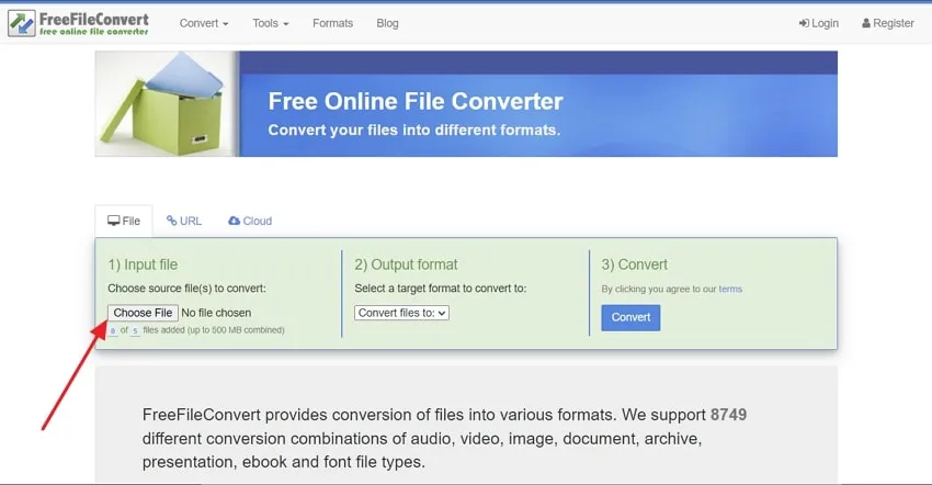 tap on choose file button to convert ppt to xml in freefileconvert