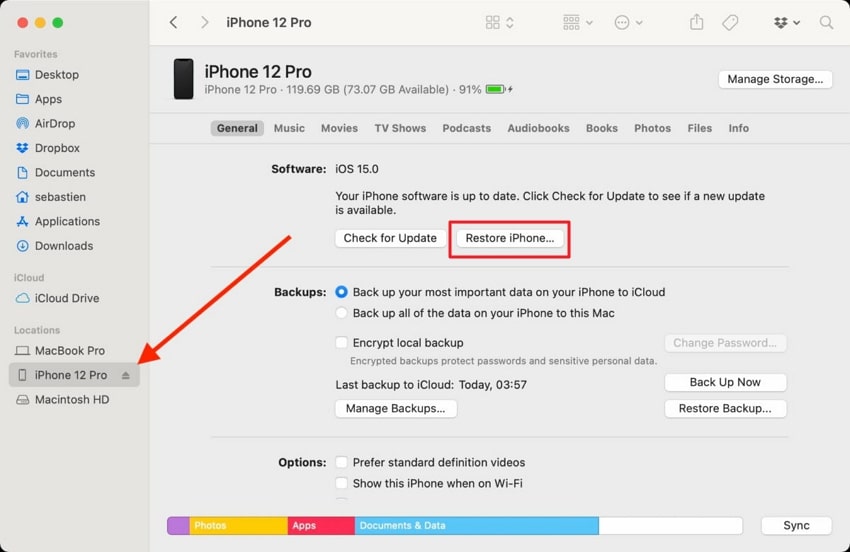 tap on restore iphone