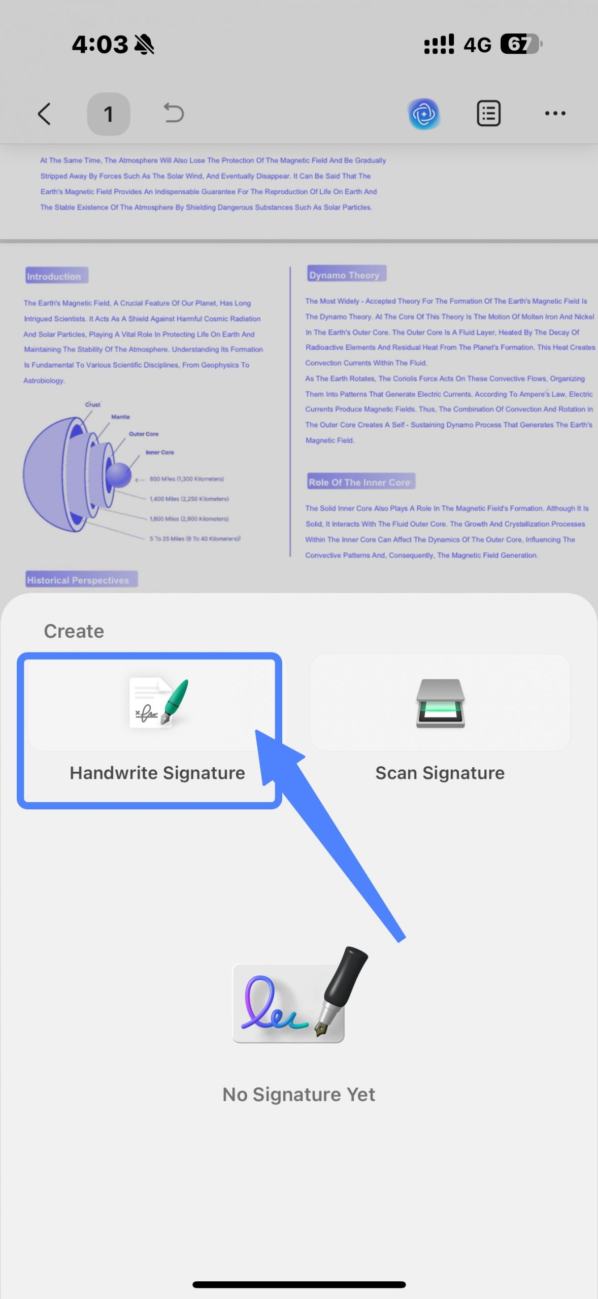 tap on the handwrite signature button