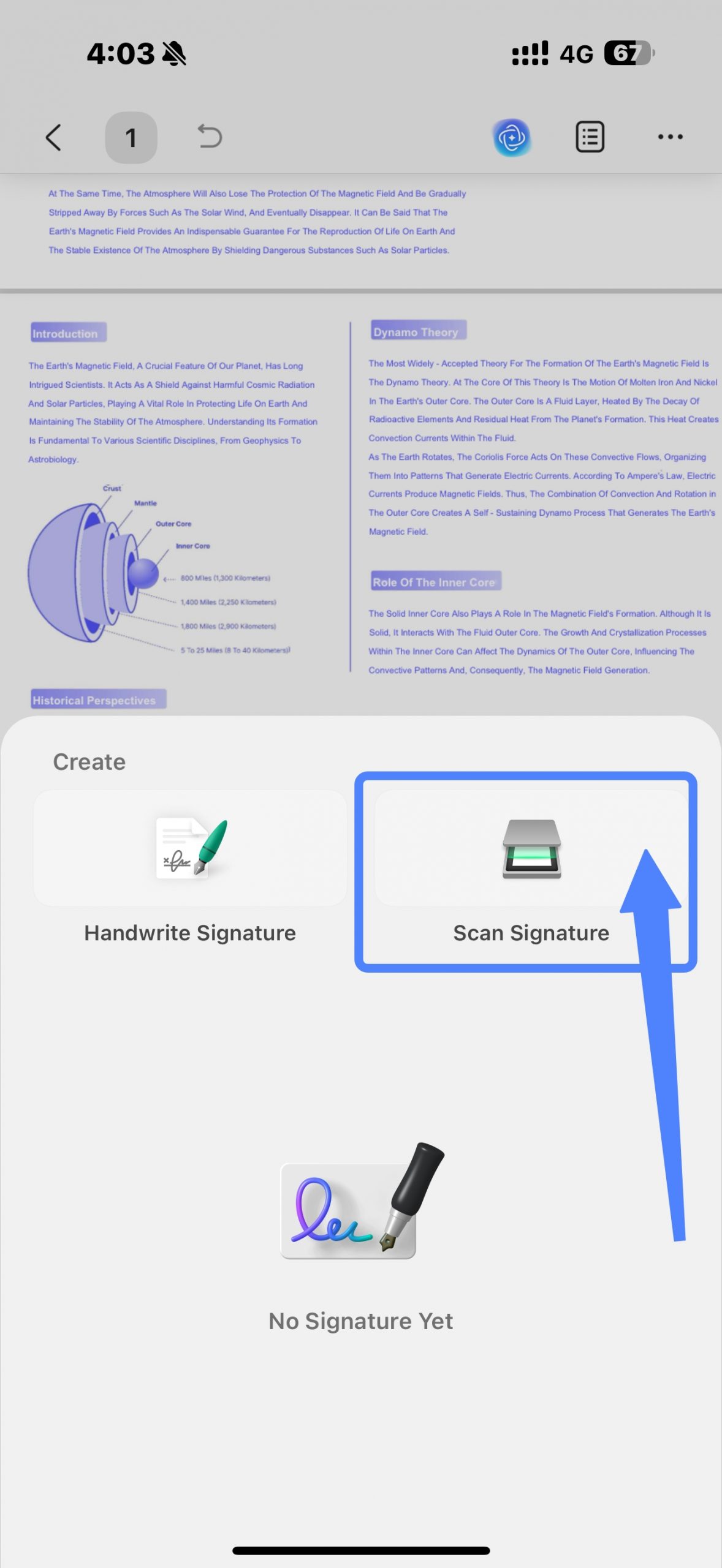 tap on the scan signature button