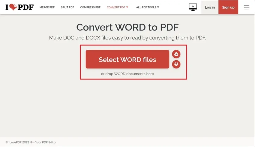 upload the word file in ilovepdf 