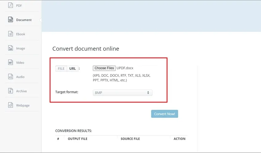 upload word file and choose format in aconvert