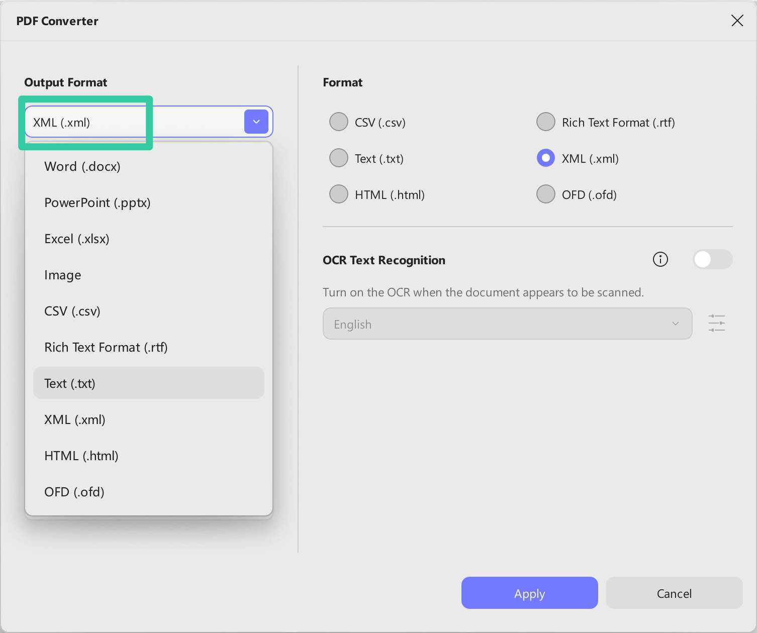 output format "XML"