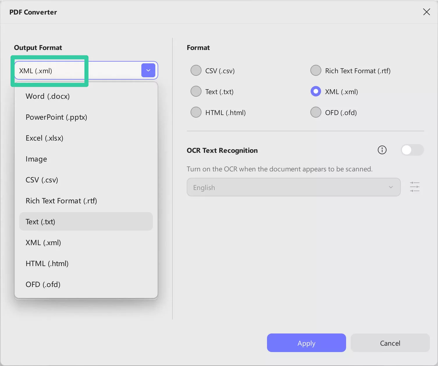 output format "XML"