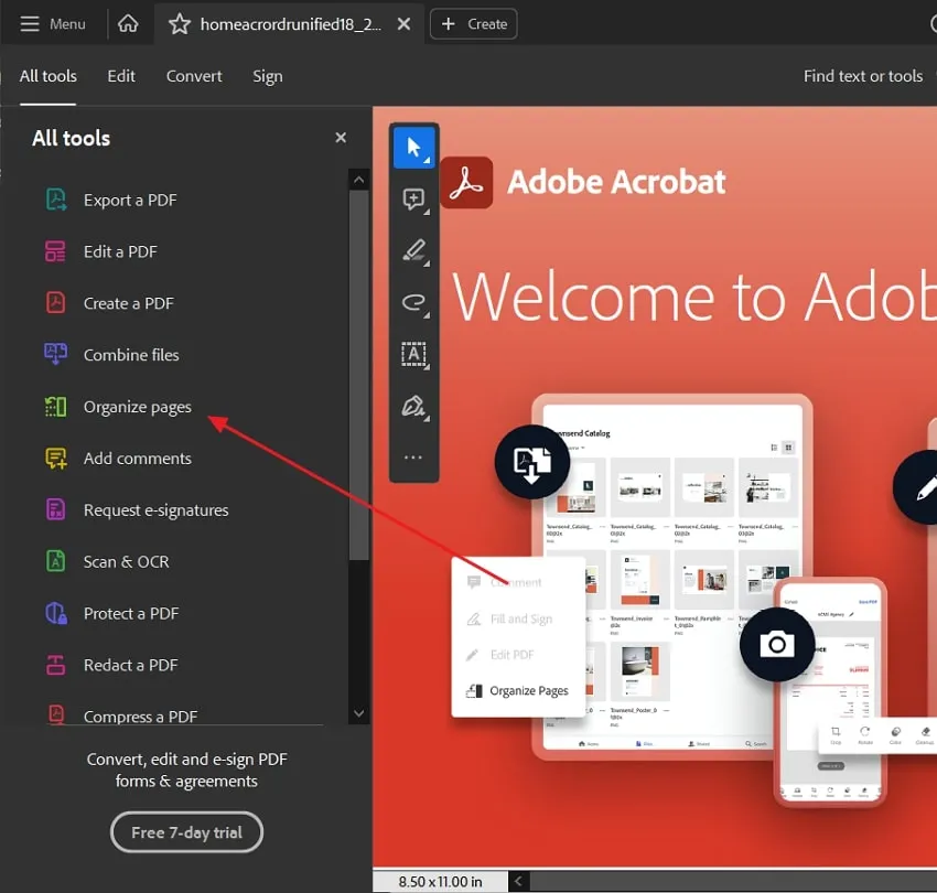 Zugriff auf das Tool zum Organisieren von Seiten in Adobe Acrobat