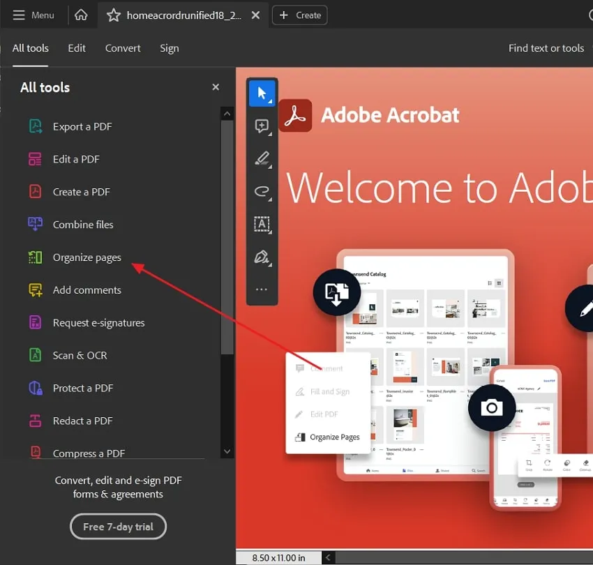 access organize pages tool in adobe acrobat