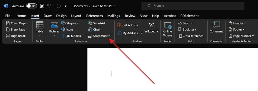 access the screenshot option in ms word