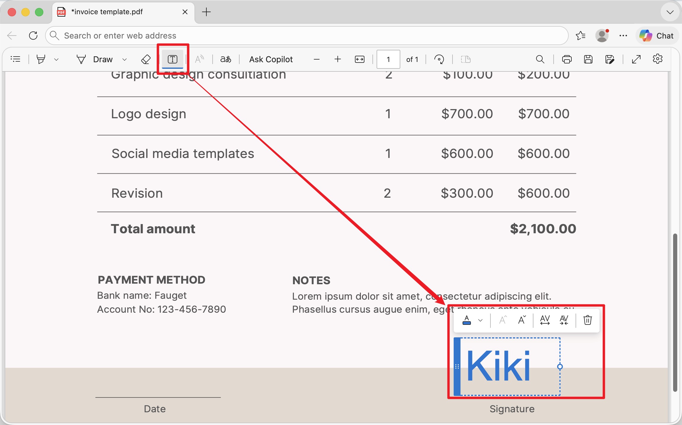 add a typed signature with the text tool edge