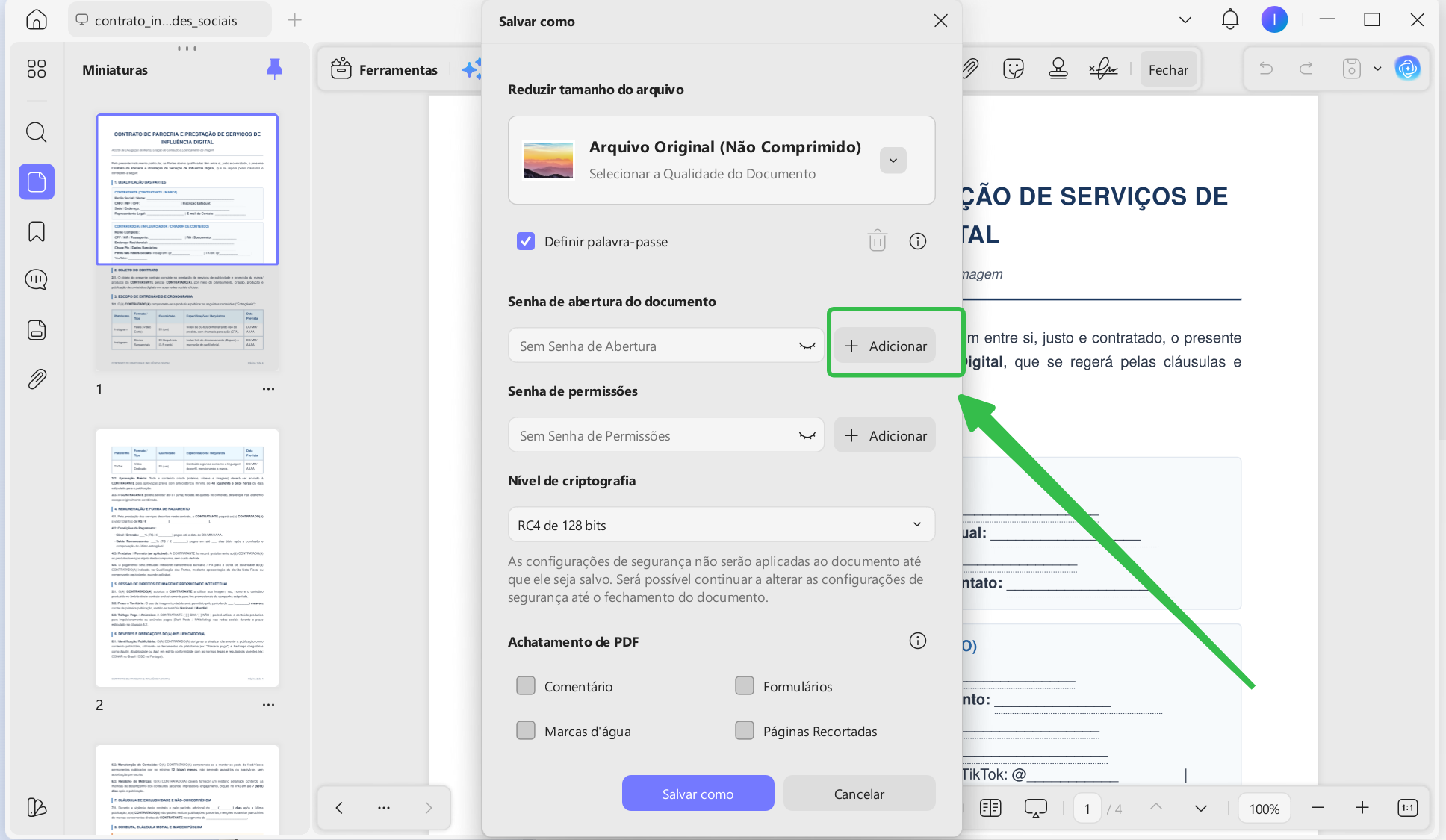 adicionar uma senha de abertura