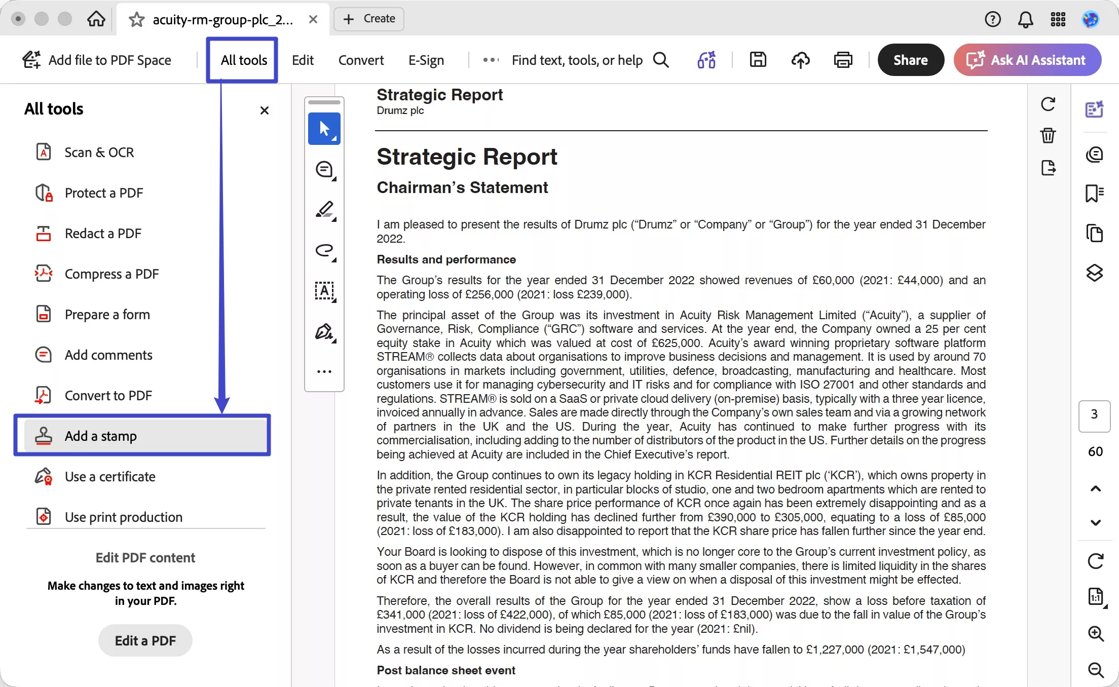 adobe acrobat add a stamp from all tools