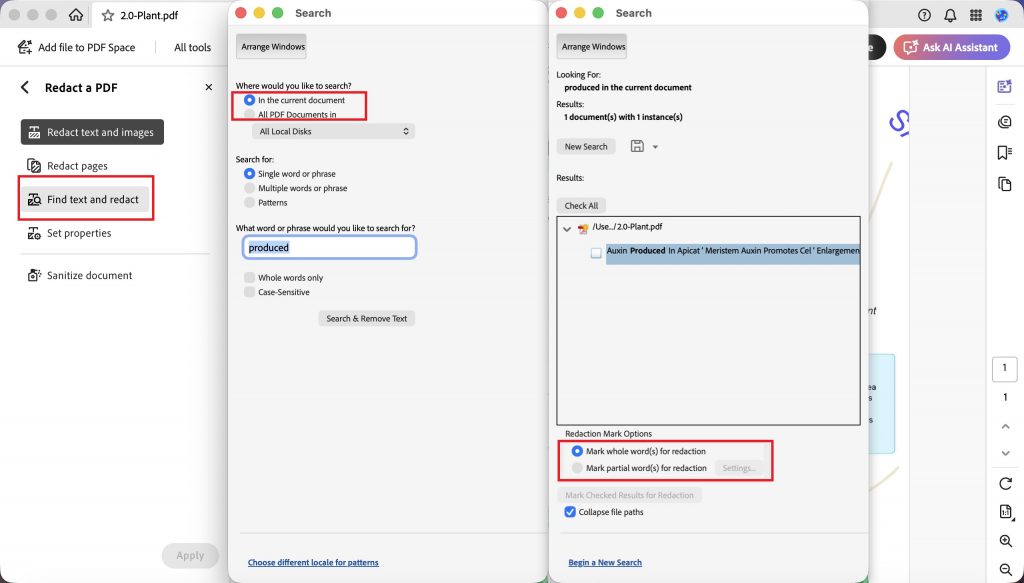 acrobat searches every PDF on your device for files containing a term you want to redact