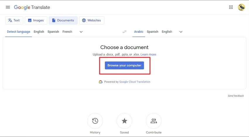 browser your computer for pdf file in google translate