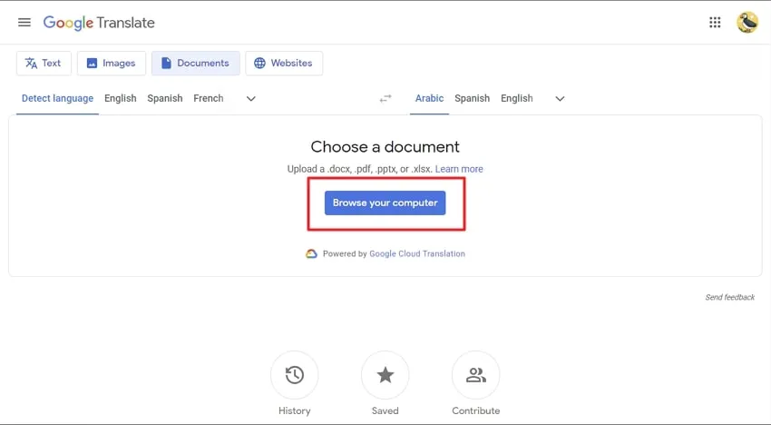 upload the pdf document filein google translate