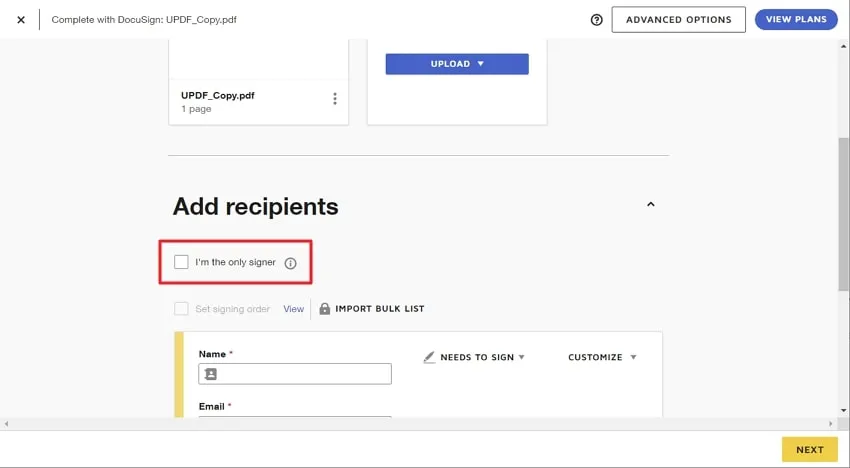 checkmark i am the only signer in docusign