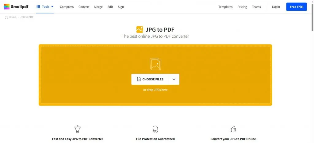 Choose Files on SmallPDF to convert jpg to pdf