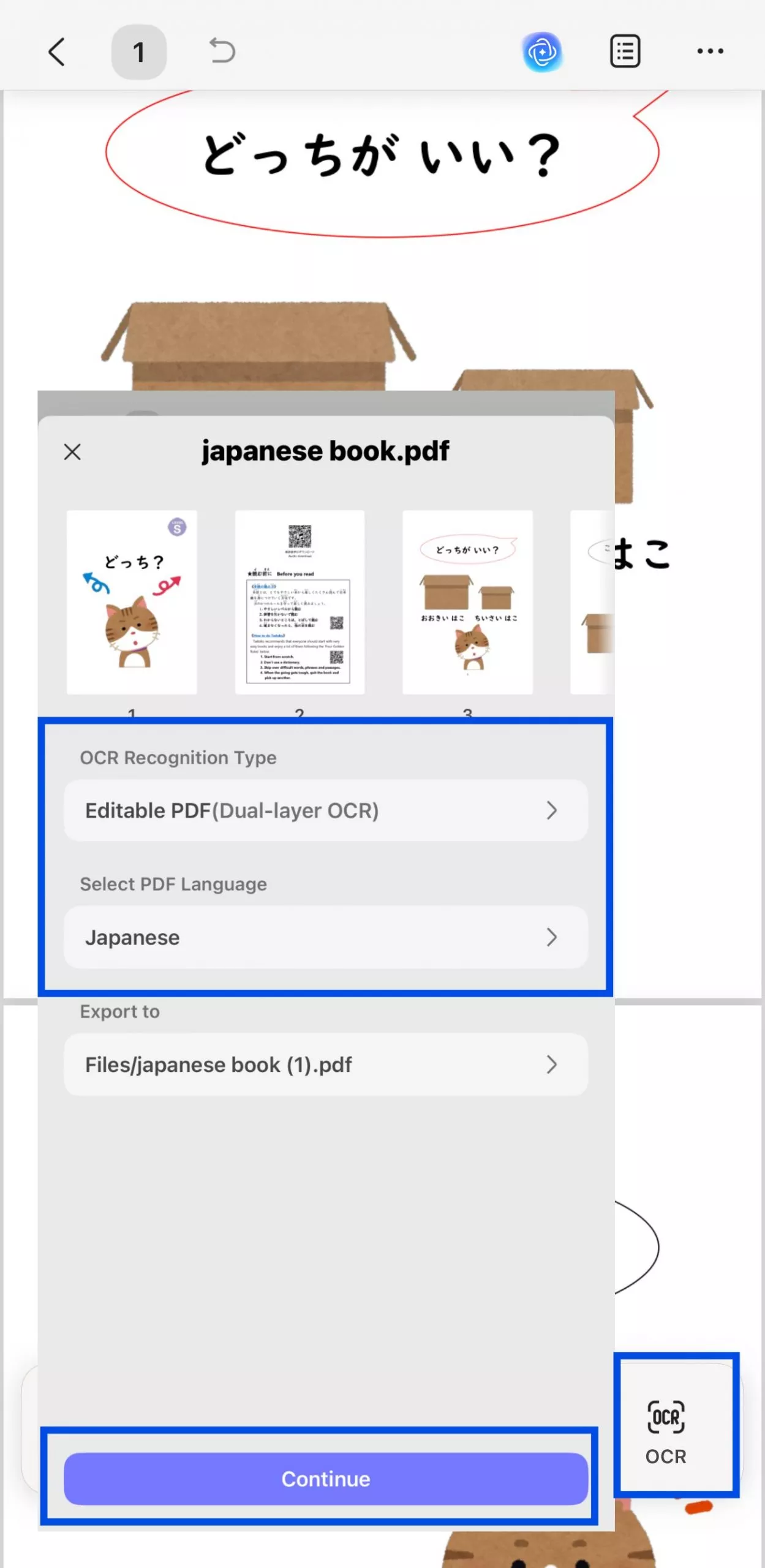 Selecione o modo desejado e o idioma correto do documento para garantir resultados precisos de OCR.