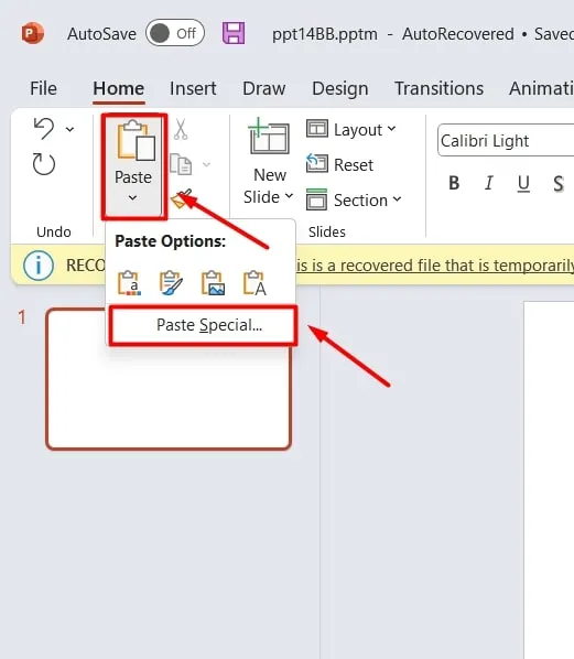 choose paste special option in ppt