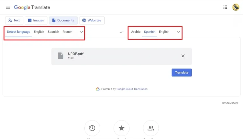 choose source and destination language in google translate