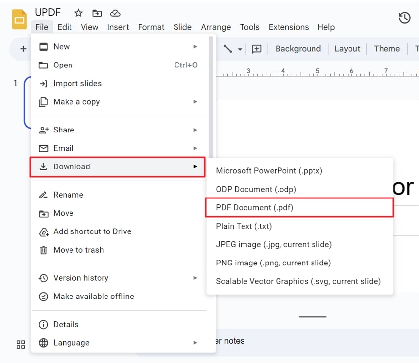choose the pdf option to download google slides