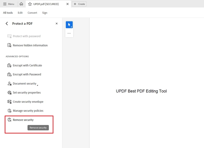 choose the remove security option in adobe acrobat