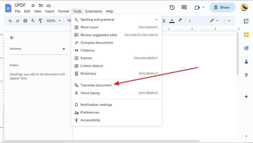 translate pdf english to german choose translate document feature in google docs