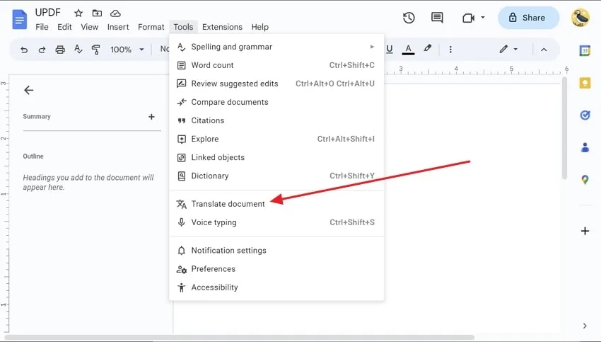 choose translate document feature in google docs