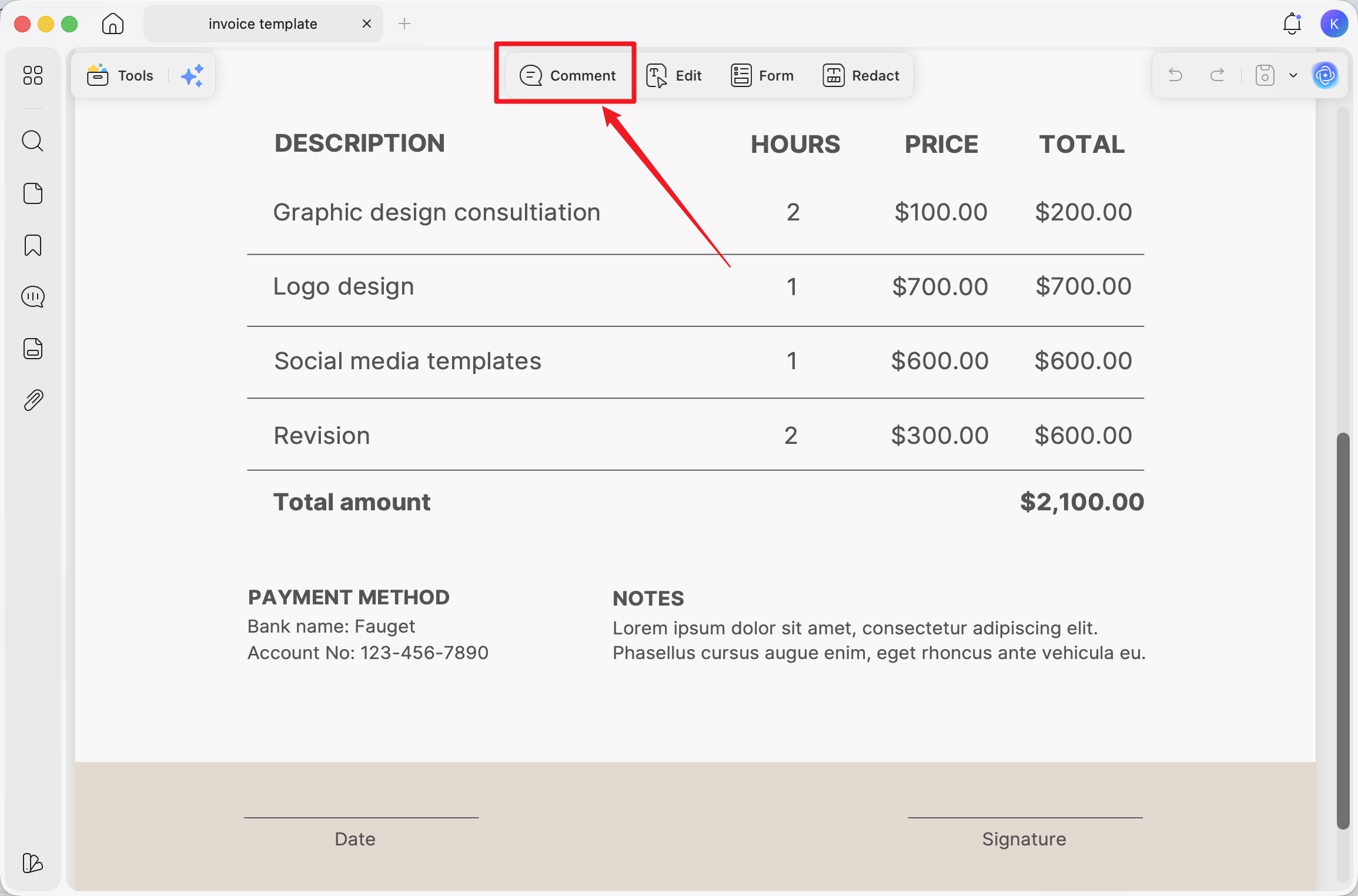 click Comment on the top toolbar