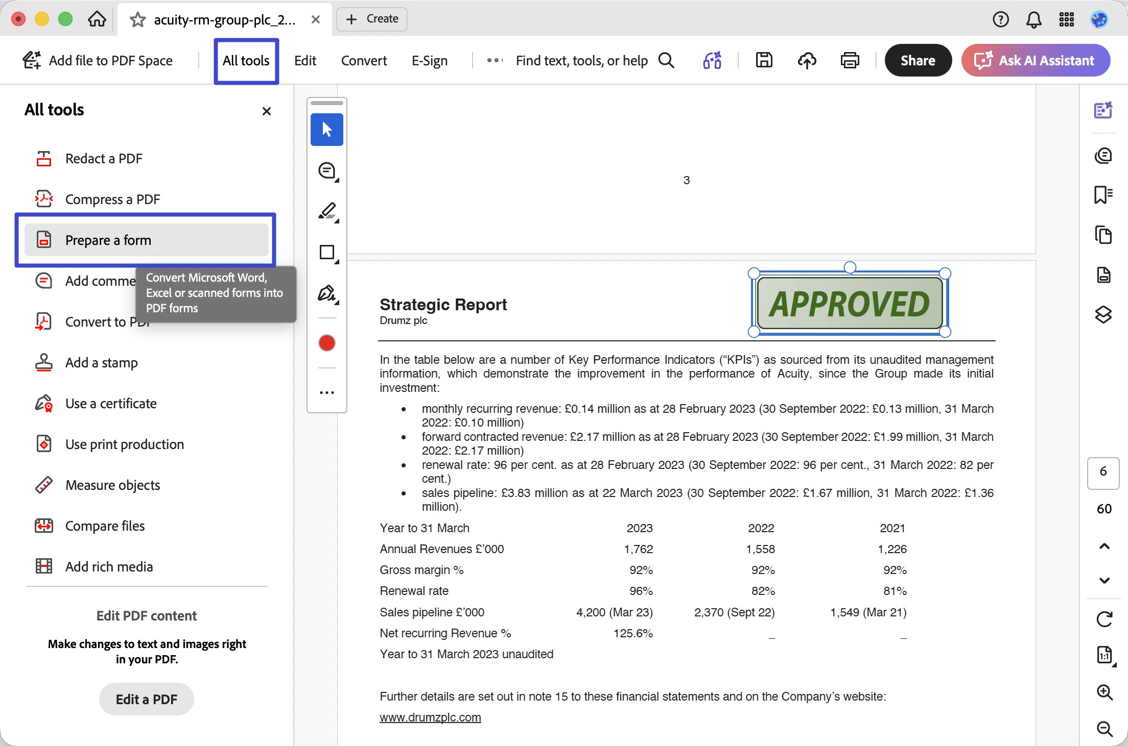 click create form from all tools acrobat
