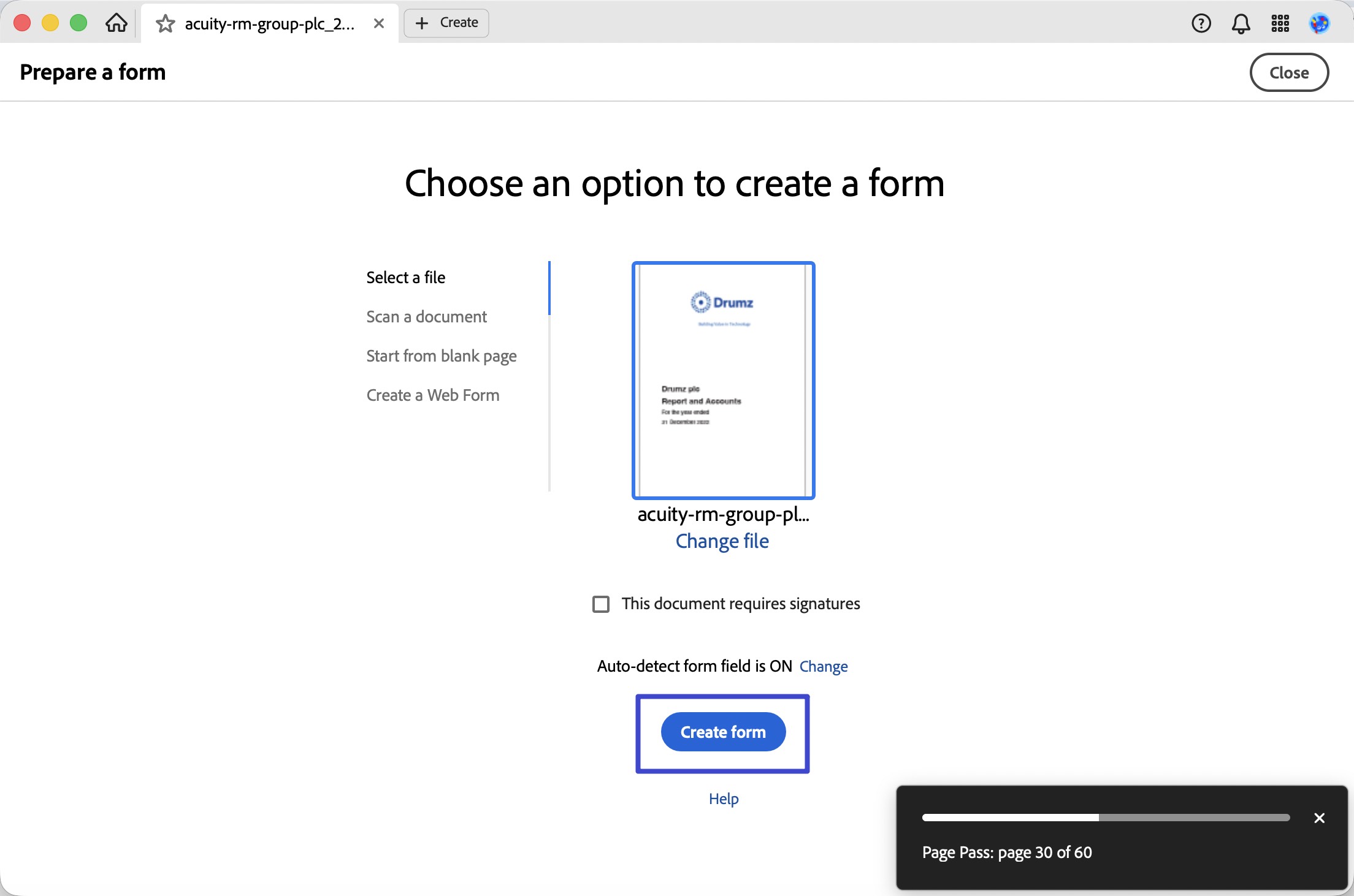 click create form in acrobat