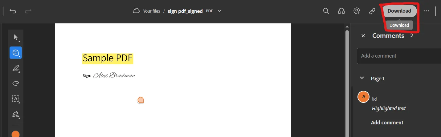 Klicken Sie auf "Download", um das kommentierte PDF in Adobe Online zu speichern