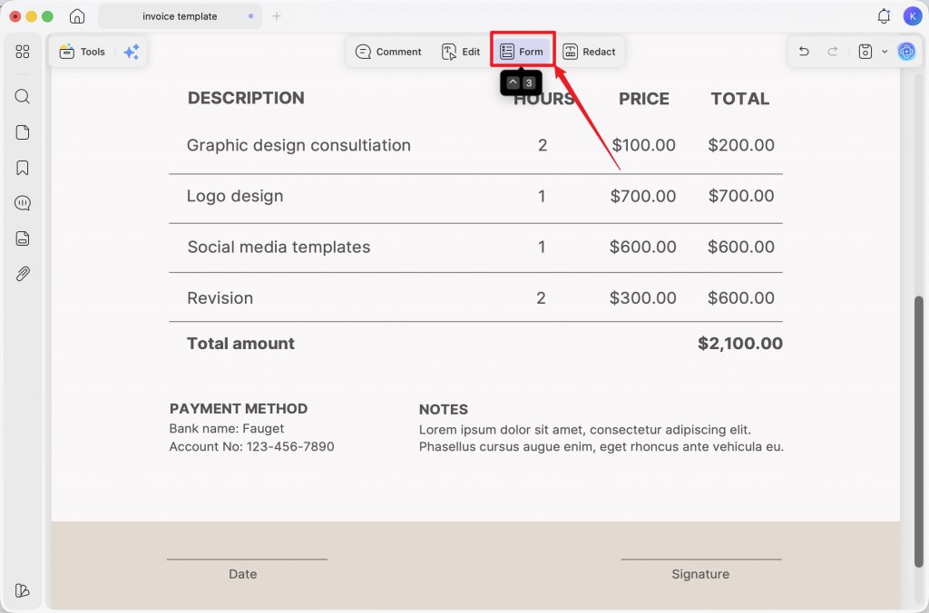 click form on the top toolbar