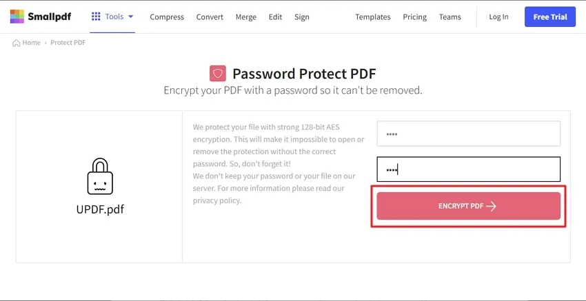 click on encrypt pdf button in smallpdf