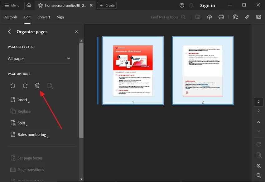 Klicken Sie auf das Löschsymbol in Adobe Acrobat