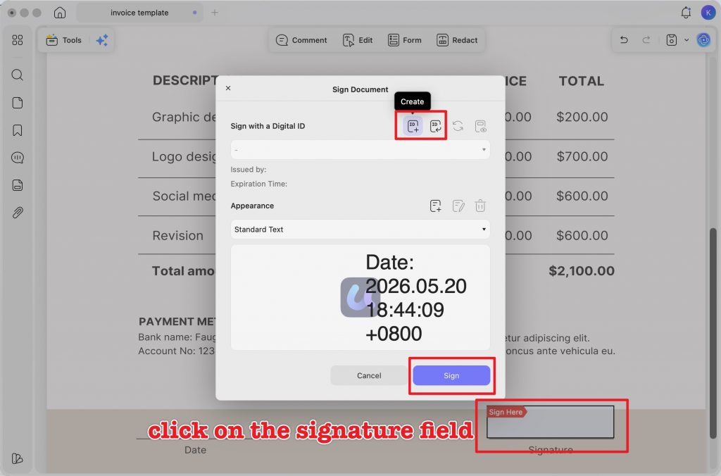 click on the signature field updf