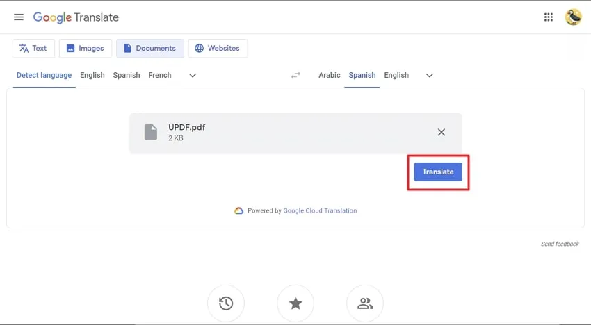 Klicken Sie auf die Schaltfläche Übersetzen in Google Translate
