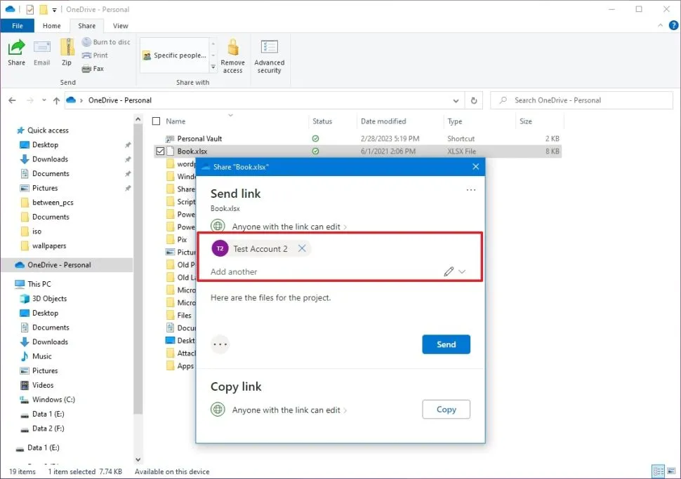 Klicken Sie auf "Senden" in OneDrive