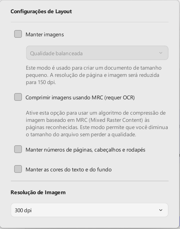 configurações de layout