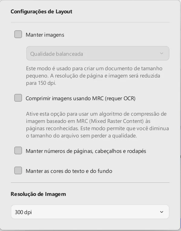 configurações de layout
