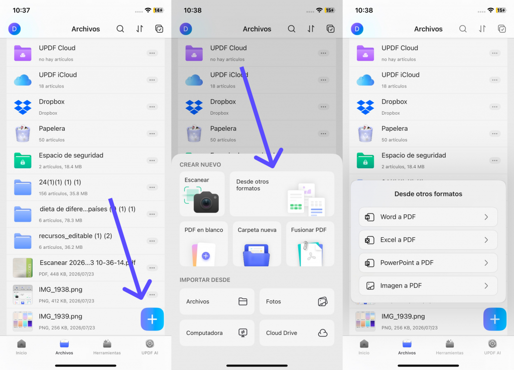 Convertir otros archivos a PDF en iPhone en updf