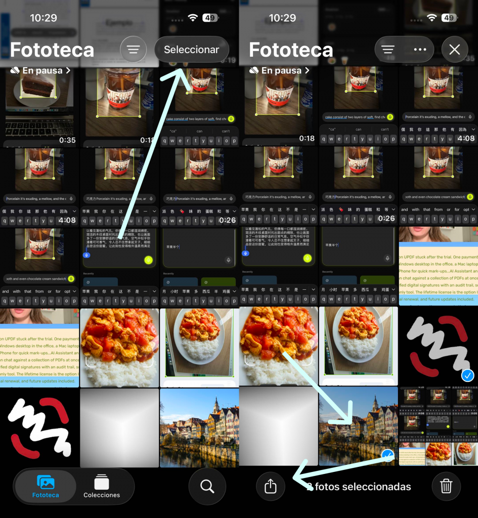 Convertir HEIC a PDF con Fotos en el iPhone slecciionando fotos
