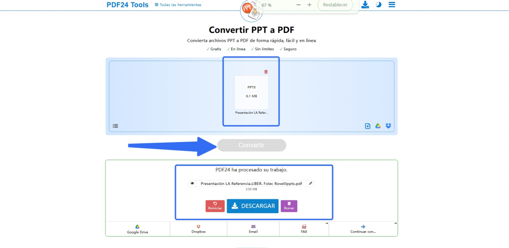 Convertir PPTX a PDF online sin instalar en PDF24Tools