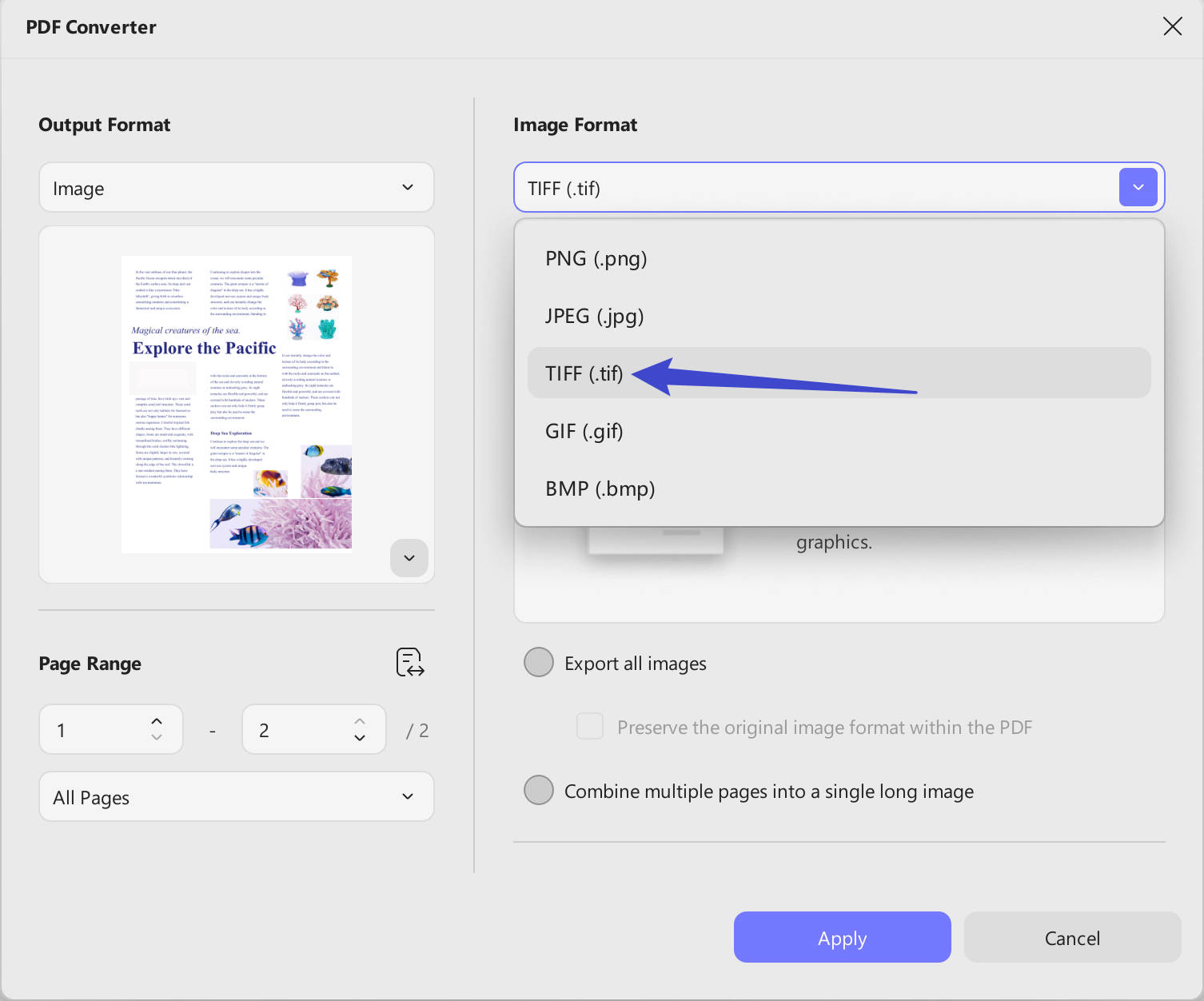 Export PDF to convert word to tiff using UPDF