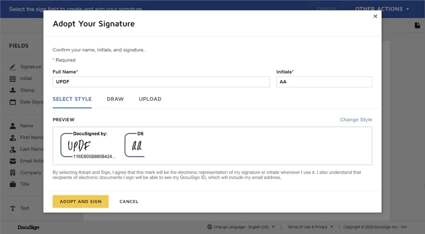 قم بإنشاء توقيع docusign