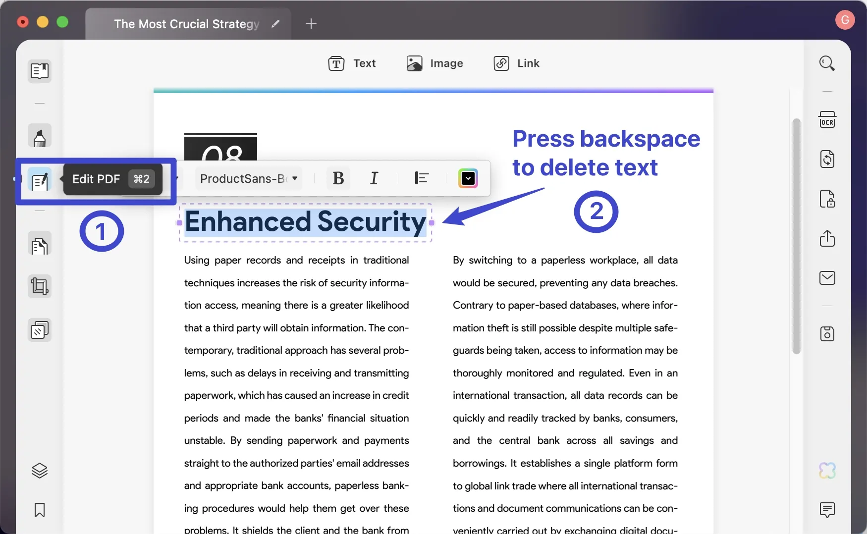 delete text from pdf mac press backspace to delete text