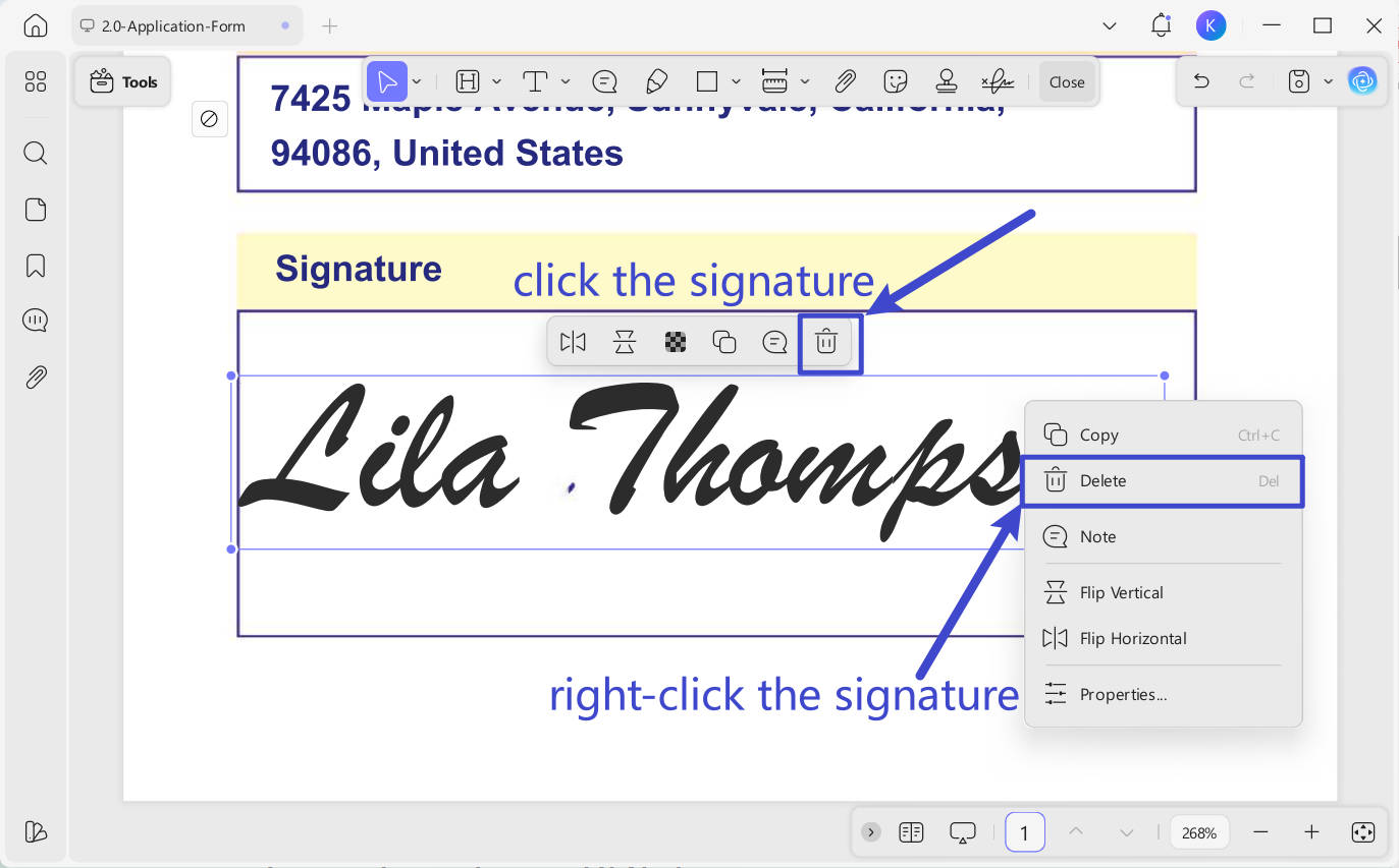 delete the signature 1